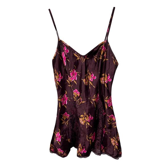 Vintage Y2K Victoria's Secret Purple Floral V Neck Lace Trim Burgundy Slip Dress - Picture 1 of 5